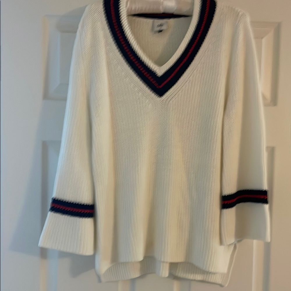 V-Neck White Sweater with Navy and Red Accents